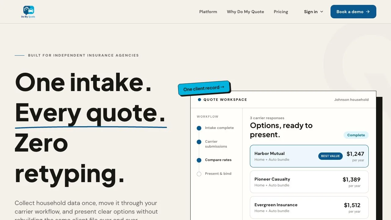 DoMyQuote landing page showing a quote comparison workspace for insurance agencies