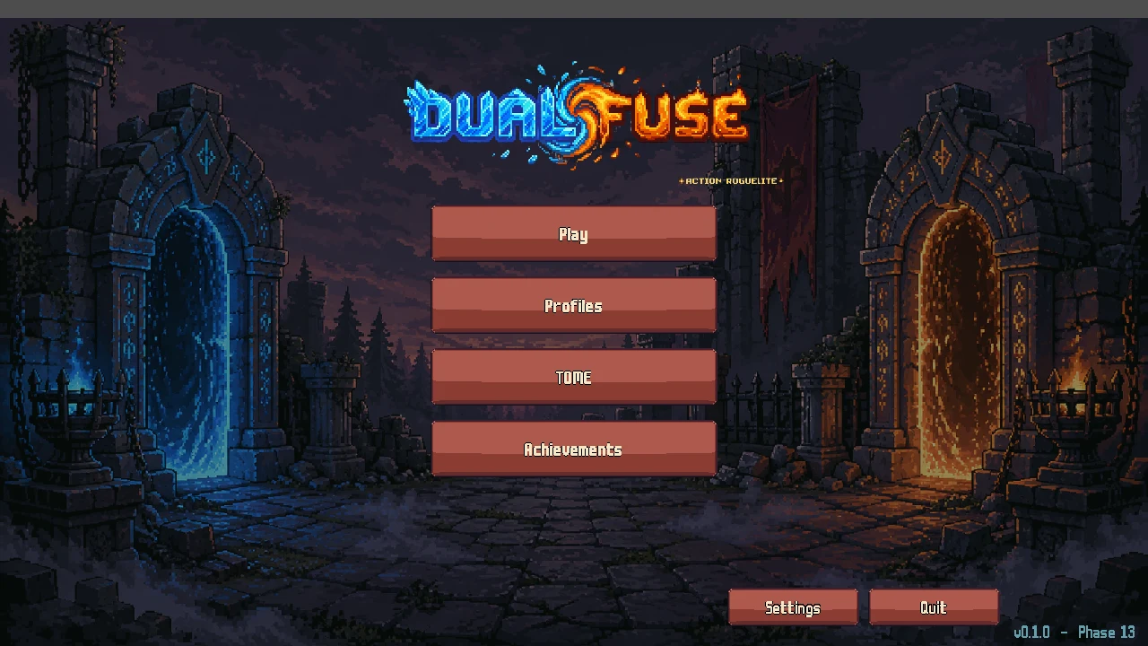 Dual Fuse game title screen with blue and orange portals in a pixel-art ruined castle