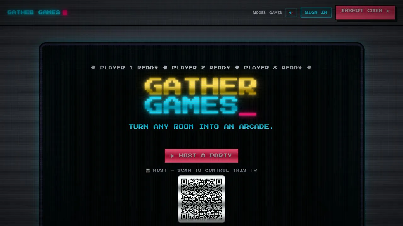 Gather Games arcade landing screen with a neon pixel-art logo and Host a Party button