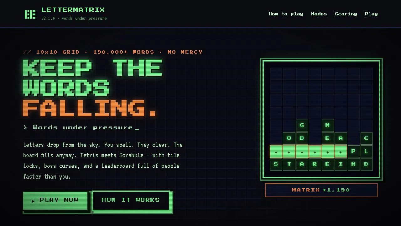 LetterMatrix landing page with green letter tiles and a falling-word game board