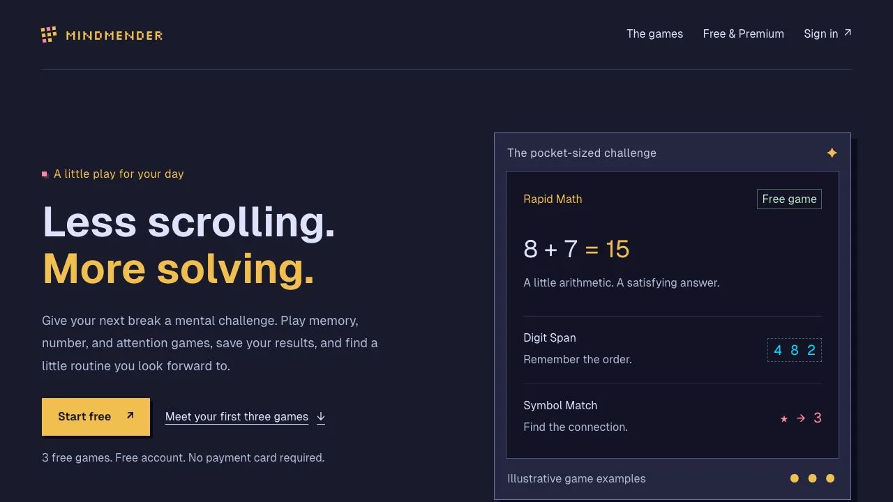 MindMender public landing page with its Less scrolling, More solving headline and memory game preview