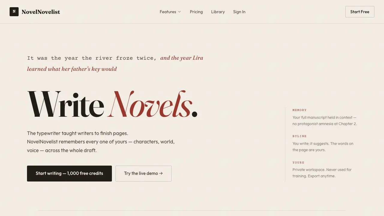 NovelNovelist writing app landing page with its Write Novels headline on a paper-colored background
