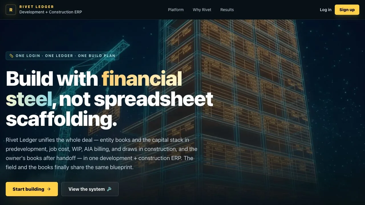 Rivet Ledger construction ERP landing page with a building blueprint and yellow Start building button