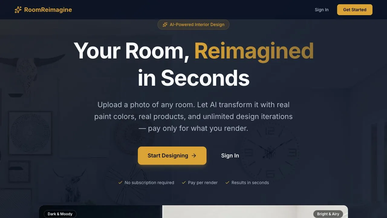 RoomReimagine interior design landing page with a furnished room and Your Room, Reimagined headline