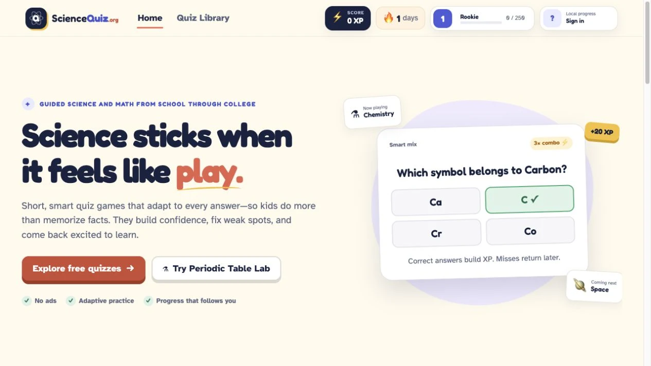 ScienceQuiz website showing a science quiz preview and its Science sticks when it feels like play headline