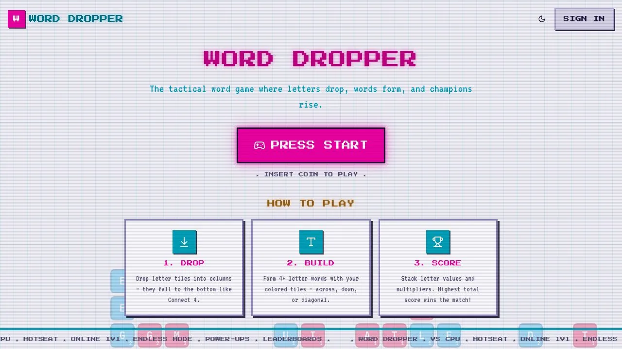 Word Dropper title screen with a pink Press Start button and Drop, Build, Score instructions